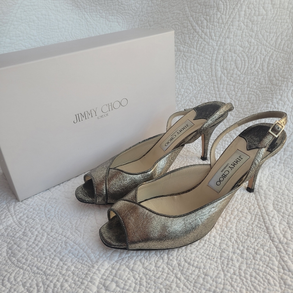 Jimmy Choo Textured Metallic Leather Platinum Slingback Heels